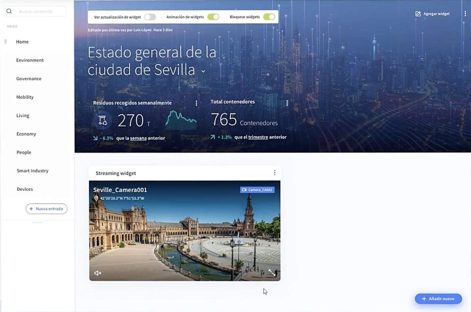 Cuadro de mando de ciudad con indicadores y una cámara en directo